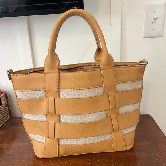 Miztique Tan Natural Faux Leather Canvas Stripe Tote Handbag Purse no long strap - Picture 2 of 8